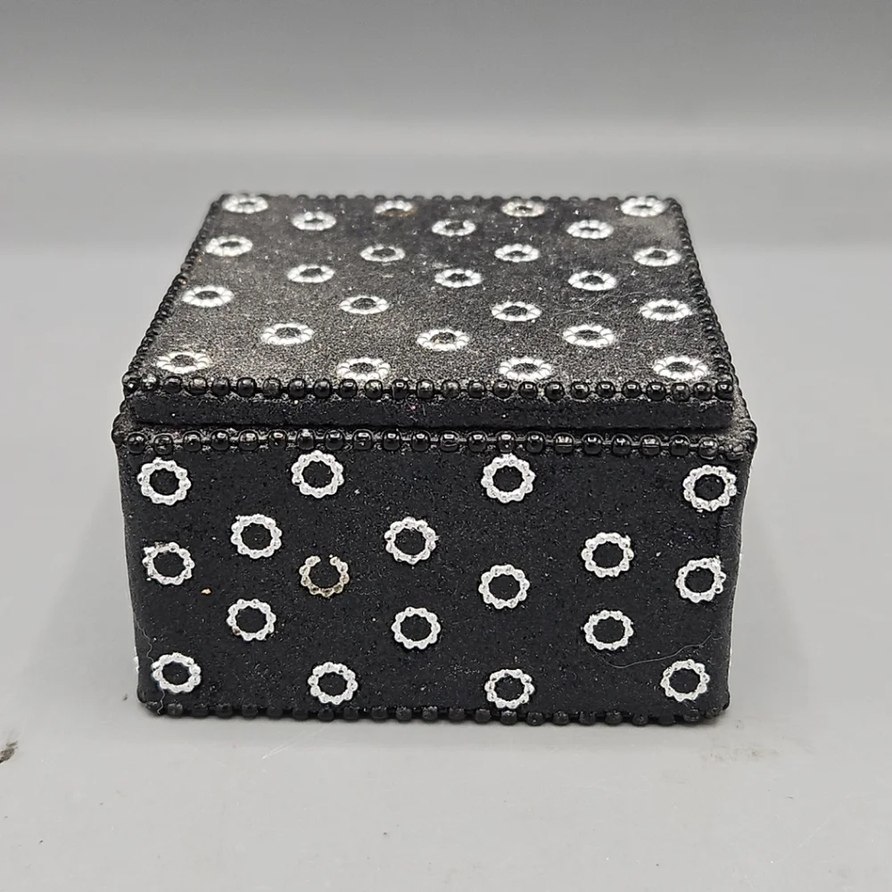 Vintage Black Glitter Trinket Box Jewelry Jeweled Beaded India Storage Sparkle